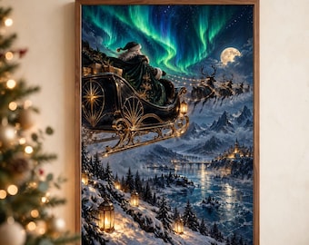 Könnte beinhalten: Ein gerahmter Kunstdruck, der den Weihnachtsmann in einem dunklen, von Rentieren gezogenen Schlitten zeigt, der nachts über eine verschneite Berglandschaft fliegt. Die Szene umfasst ein grünes Polarlicht, einen Vollmond und leuchtende Laternen.