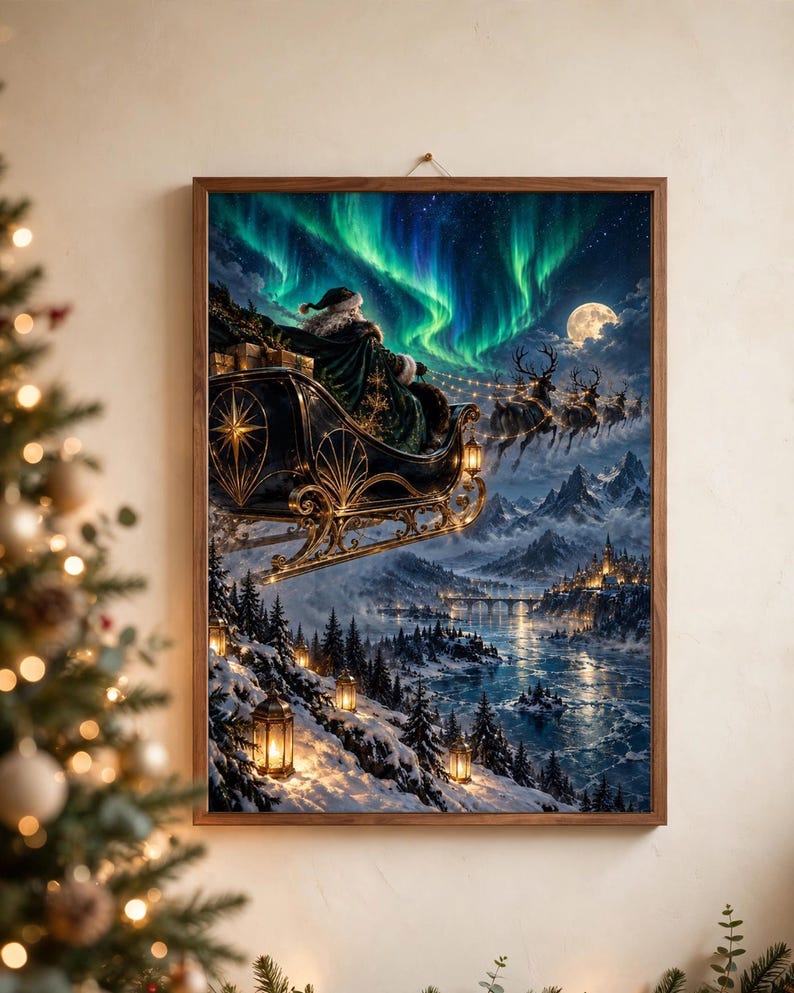 May include: A framed wall art print depicting Santa Claus in a dark sleigh pulled by reindeer flying over a snowy mountain landscape at night. The scene features a vibrant green aurora borealis, a full moon, and glowing lanterns along a river.
