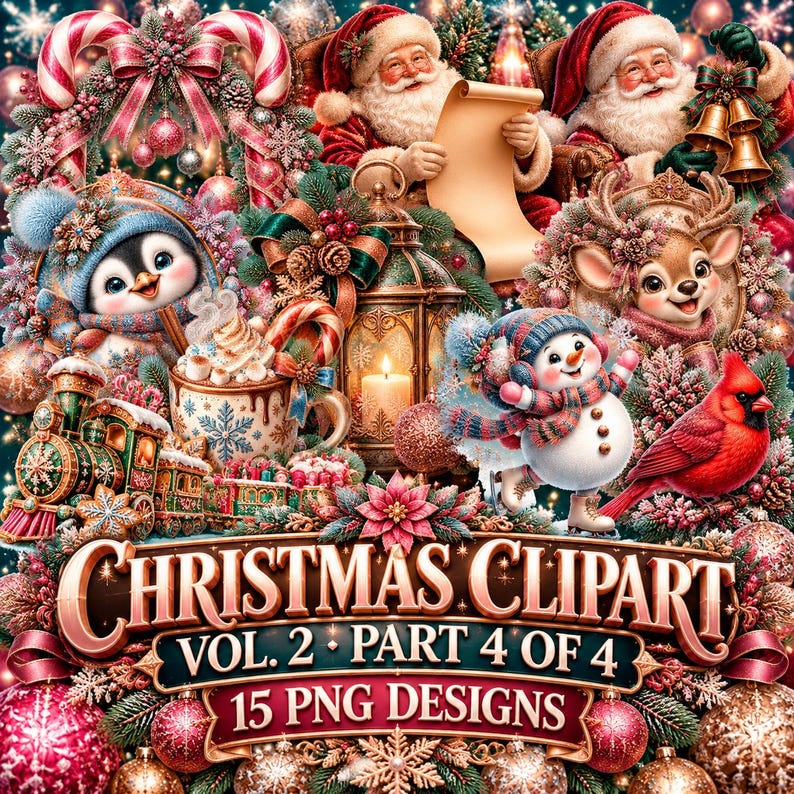 May include: A digital Christmas clipart collection featuring Santa Claus, a penguin, a snowman, a reindeer, a cardinal, a train, and a lantern. The text reads CHRISTMAS CLIPART VOL. 2 PART 4 OF 4 15 PNG DESIGNS, surrounded by festive ornaments.