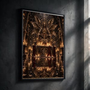 May include: A framed wall art print depicting a skeletal figure with large wings standing behind an altar illuminated by numerous glowing candles. The scene features a dark, ornate interior with golden light reflections and small flying insects.