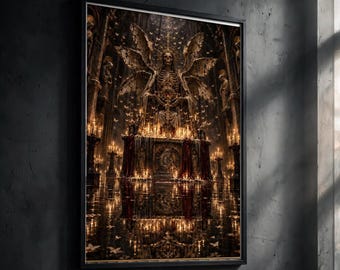 May include: A framed wall art print depicting a skeletal figure with large wings standing behind an altar illuminated by numerous glowing candles. The scene features a dark, ornate interior with golden light reflections and small flying insects.