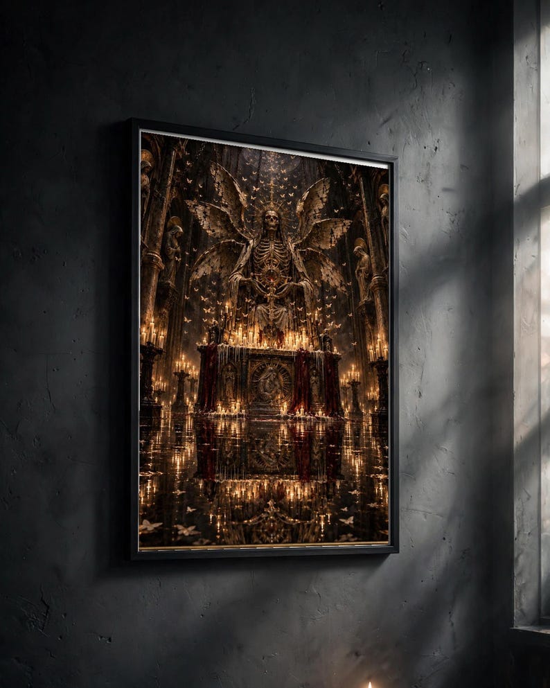 May include: A framed wall art print depicting a skeletal figure with large wings standing behind an altar illuminated by numerous glowing candles. The scene features a dark, ornate interior with golden light reflections and small flying insects.