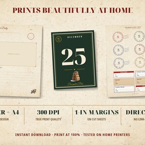 May include: A digital printable set featuring a December Daily journal page, a dark green card with the number 25 and a cake illustration, and a sheet of postage labels. Text includes PRINTS BEAUTIFULLY AT HOME, 300 DPI, and 1-IN MARGINS.