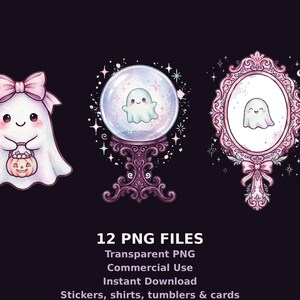 May include: Three illustrations featuring a white ghost with a pink bow holding a pumpkin bucket, a ghost inside a crystal ball on an ornate stand, and a ghost reflected in a pink decorative mirror. Text reads 12 PNG FILES.
