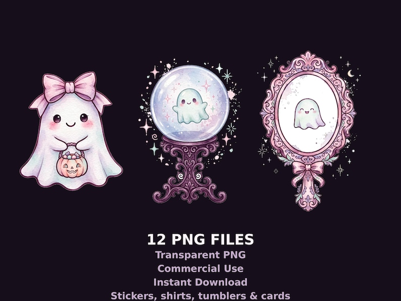 May include: Three illustrations featuring a white ghost with a pink bow holding a pumpkin bucket, a ghost inside a crystal ball on an ornate stand, and a ghost reflected in a pink decorative mirror. Text reads 12 PNG FILES.