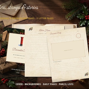 May include: A collection of stationery featuring cream-colored journal pages with holiday motifs. The pages include text such as Letters, stamps & stories, Letters Home, and December Daily, alongside illustrations of holly and a red post box.
