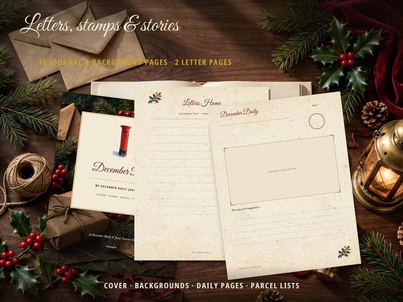 May include: A collection of stationery featuring cream-colored journal pages with holiday motifs. The pages include text such as Letters, stamps & stories, Letters Home, and December Daily, alongside illustrations of holly and a red post box.