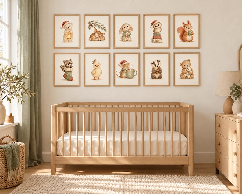 May include: A set of ten framed wall art prints featuring watercolor illustrations of woodland animals in holiday attire, including a bear, deer, rabbit, owl, squirrel, raccoon, chick, mouse, badger, and teddy bear, arranged in two rows.