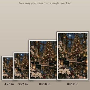 K&ouml;nnte beinhalten: Vier gerahmte digitale Kunstdrucke mit einem Weihnachtsbaum in einem Wintergarten, mit dem Text ONE FILE &middot; PRINTS BEST UP TO 8x12" und Four easy print sizes from a single download, sowie den Beschriftungen 4x6 in, 5x7 in, 8x10 in, 8x12 in.