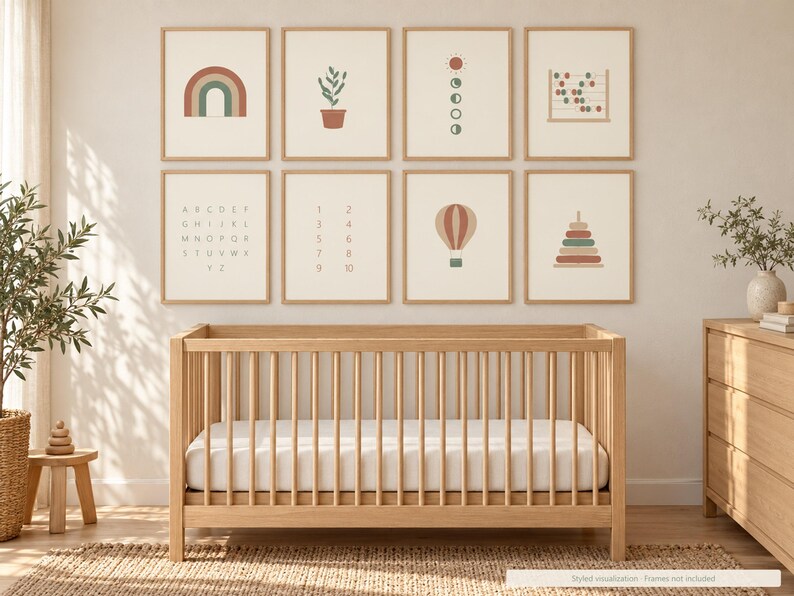 May include: A set of eight wall art prints featuring illustrations of a rainbow, a potted plant, moon phases, an abacus, the alphabet, numbers one through ten, a hot air balloon, and a stacking toy, displayed in light wood frames.