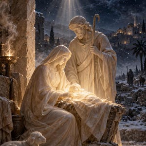 May include: A stone-textured nativity scene featuring a central figure of a person kneeling beside a manger with an infant, accompanied by a standing figure holding a staff. A small lamb rests in the foreground under a bright star in the night sky.