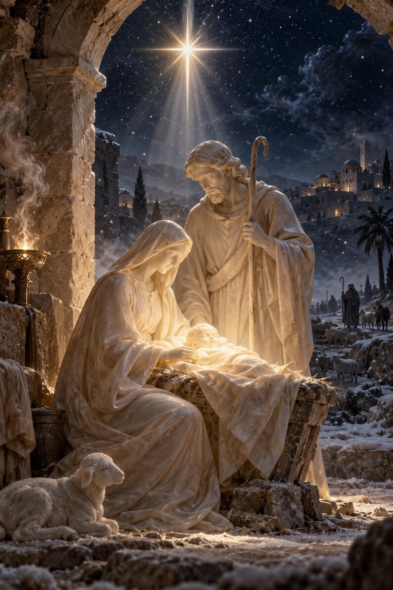May include: A stone-textured nativity scene featuring a central figure of a person kneeling beside a manger with an infant, accompanied by a standing figure holding a staff. A small lamb rests in the foreground under a bright star in the night sky.