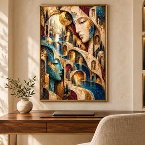 May include: A rectangular wall art print featuring a surreal composition of two large human faces integrated into an architectural landscape of stone arches, winding staircases, and flowing blue water, accented with gold and deep red tones.