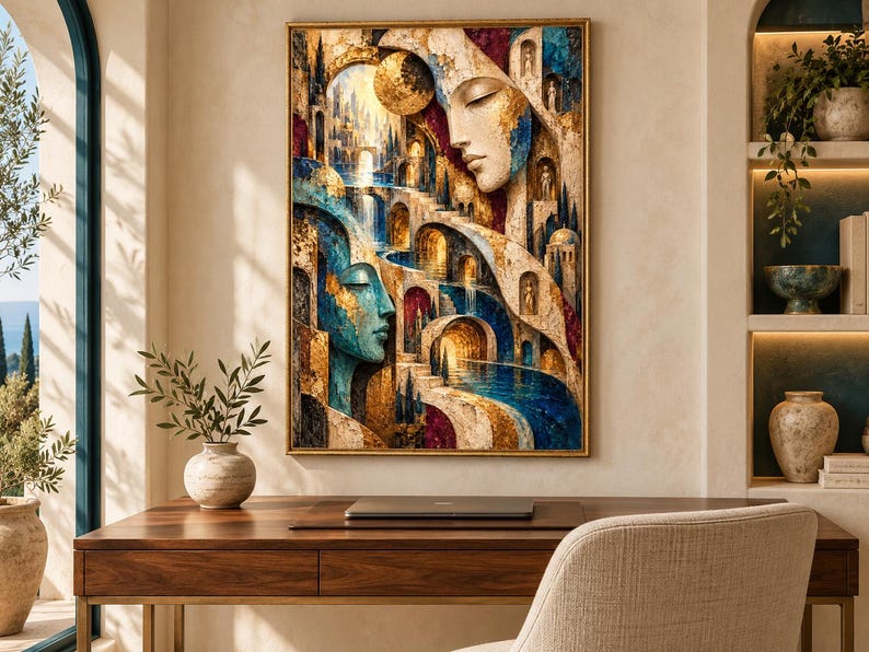 May include: A rectangular wall art print featuring a surreal composition of two large human faces integrated into an architectural landscape of stone arches, winding staircases, and flowing blue water, accented with gold and deep red tones.