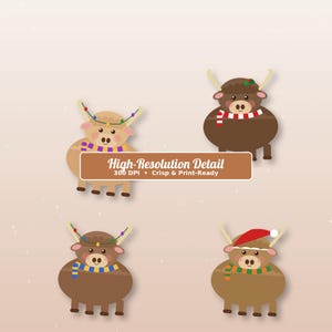 May include: Four cartoon highland cattle illustrations featuring festive accessories. One is light brown with a purple scarf and string lights, another dark brown with a red scarf, one dark brown with a blue scarf, and one with a red Santa hat.