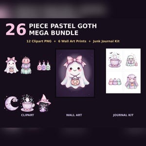 May include: A 26-piece pastel goth digital bundle featuring clipart, wall art, and a junk journal kit. The graphics include ghosts with bows, pumpkins, potion bottles, a crescent moon, and a cat in a witch hat, all in soft purple and pink tones.