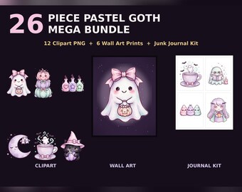 Pastel Goth Halloween Mega Bundle, 12 Clipart PNG, 6 Wall Art Prints, Junk Journal Kit, Cute Spooky Kawaii Halloween Bundle