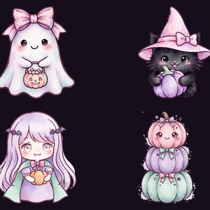 May include: Four illustrations featuring a white ghost with a pink bow holding a pumpkin bucket, a black cat in a pink witch hat holding a purple pumpkin, a character with long lavender hair holding a pumpkin, and a stack of three pastel pumpkins.