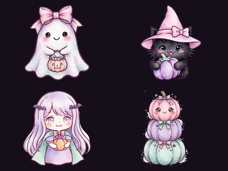 May include: Four illustrations featuring a white ghost with a pink bow holding a pumpkin bucket, a black cat in a pink witch hat holding a purple pumpkin, a character with long lavender hair holding a pumpkin, and a stack of three pastel pumpkins.