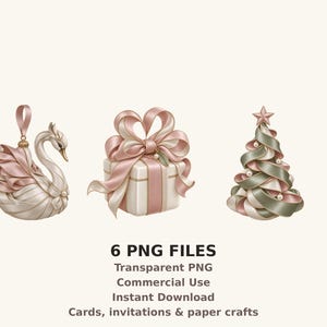 May include: A digital illustration set featuring a swan ornament with pink and white feathers, a square gift box wrapped in a large pink ribbon bow, and a stylized Christmas tree decorated with ribbons and pearls, with text 6 PNG FILES.