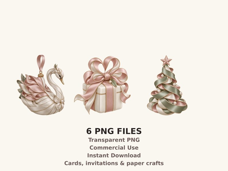May include: A digital illustration set featuring a swan ornament with pink and white feathers, a square gift box wrapped in a large pink ribbon bow, and a stylized Christmas tree decorated with ribbons and pearls, with text 6 PNG FILES.