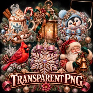May include: A digital Christmas illustration featuring a hot cocoa mug, a lit lantern, a penguin in a wreath, a red cardinal, a large snowflake, and Santa Claus holding bells, with a banner at the bottom reading TRANSPARENT PNG.