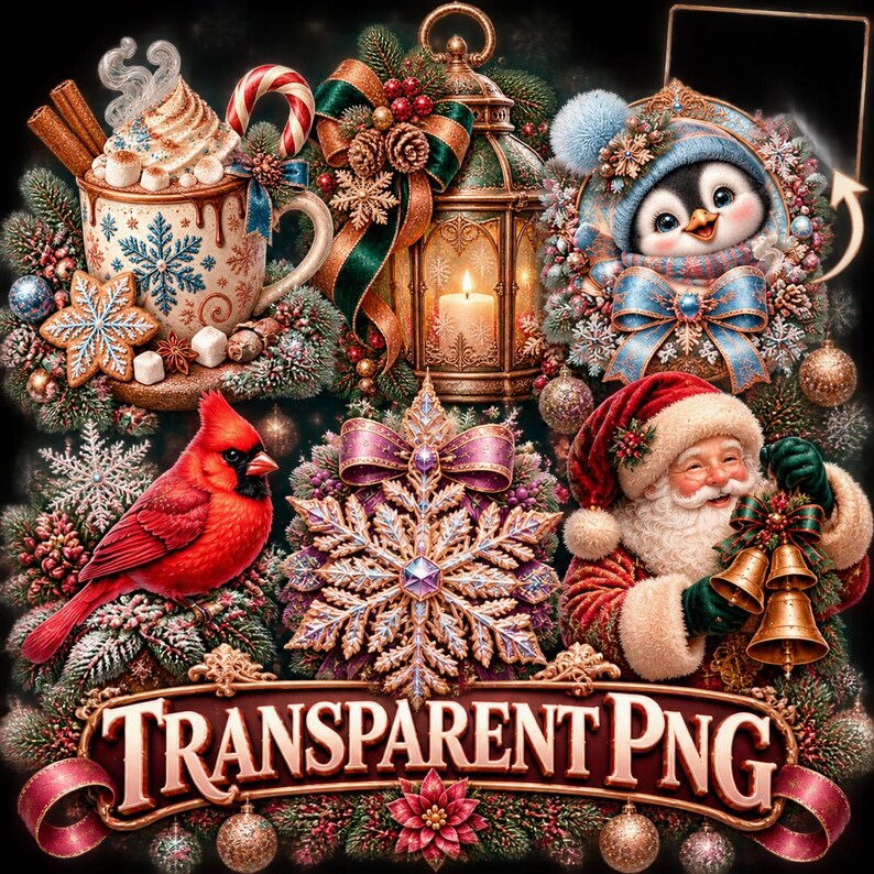 May include: A digital Christmas illustration featuring a hot cocoa mug, a lit lantern, a penguin in a wreath, a red cardinal, a large snowflake, and Santa Claus holding bells, with a banner at the bottom reading TRANSPARENT PNG.
