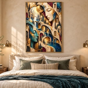 May include: A rectangular wall art print featuring a surreal composition of two large human faces integrated into an architectural landscape of stone arches, staircases, and flowing blue water, accented with gold, purple, and teal tones.