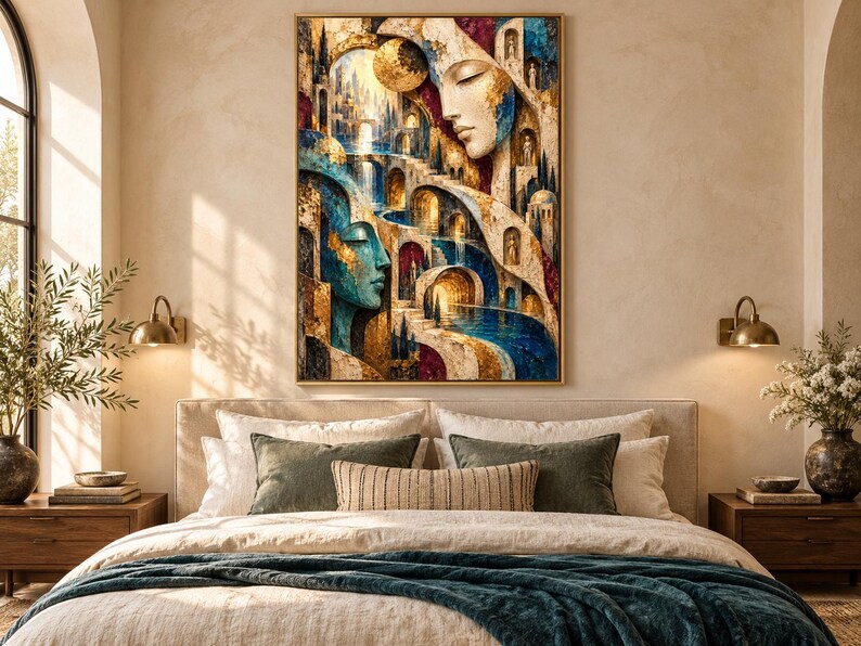 May include: A rectangular wall art print featuring a surreal composition of two large human faces integrated into an architectural landscape of stone arches, staircases, and flowing blue water, accented with gold, purple, and teal tones.