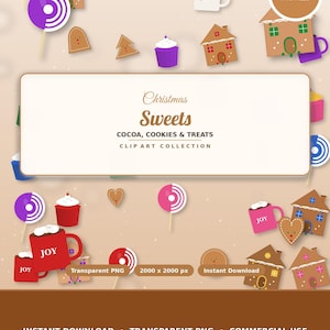 May include: A digital clip art collection featuring Christmas sweets, cocoa, cookies, and treats. The central text reads Christmas Sweets, COCOA, COOKIES & TREATS, CLIP ART COLLECTION. Icons include gingerbread houses, lollipops, and mugs labeled JOY.