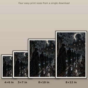 K&ouml;nnte beinhalten: Eine digitale Kunstdruckdatei mit einer dunklen gotischen Szene von Figuren, die unter einer Sonnenfinsternis auf ein Schloss zugehen. Text: ONE FILE &middot; PRINTS BEST UP TO 8x12&rdquo; und Four easy print sizes from a single download, mit 4x6 in, 5x7 in, 8x10 in, 8x12 in.
