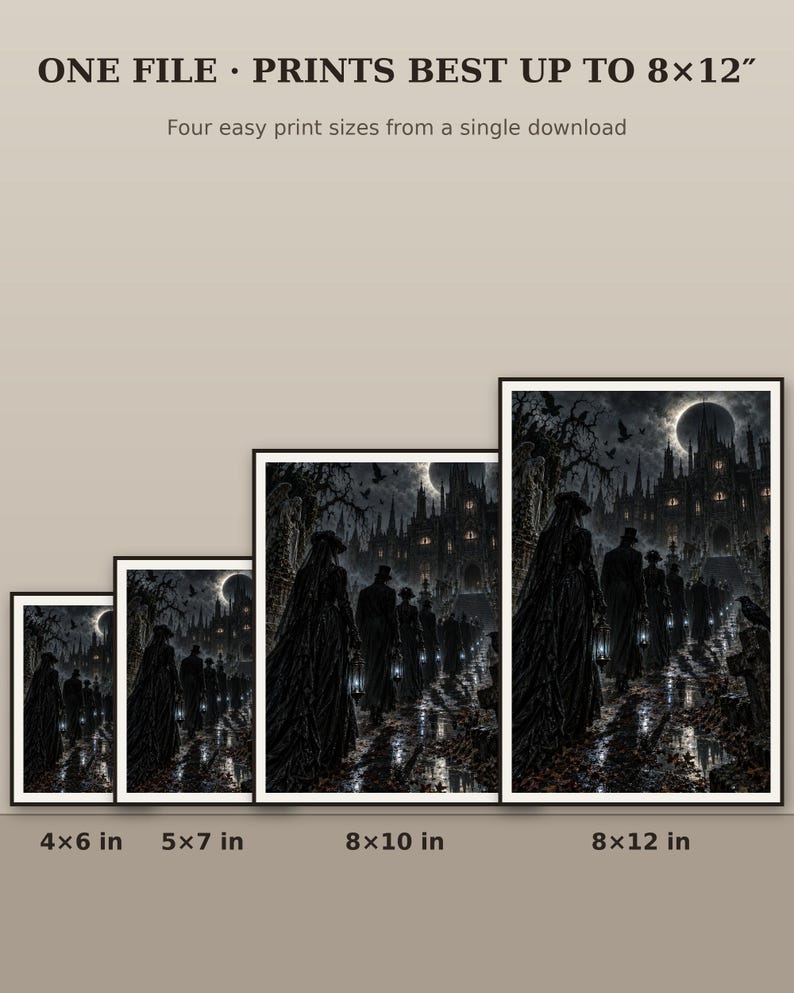 K&ouml;nnte beinhalten: Eine digitale Kunstdruckdatei mit einer dunklen gotischen Szene von Figuren, die unter einer Sonnenfinsternis auf ein Schloss zugehen. Text: ONE FILE &middot; PRINTS BEST UP TO 8x12&rdquo; und Four easy print sizes from a single download, mit 4x6 in, 5x7 in, 8x10 in, 8x12 in.