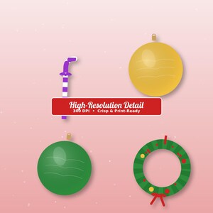 May include: A set of digital illustrations featuring a purple and white striped candy cane, a yellow ornament, a green ornament, and a green wreath with red and yellow accents. A red rectangular banner displays the text High-Resolution Detail 300 DPI.