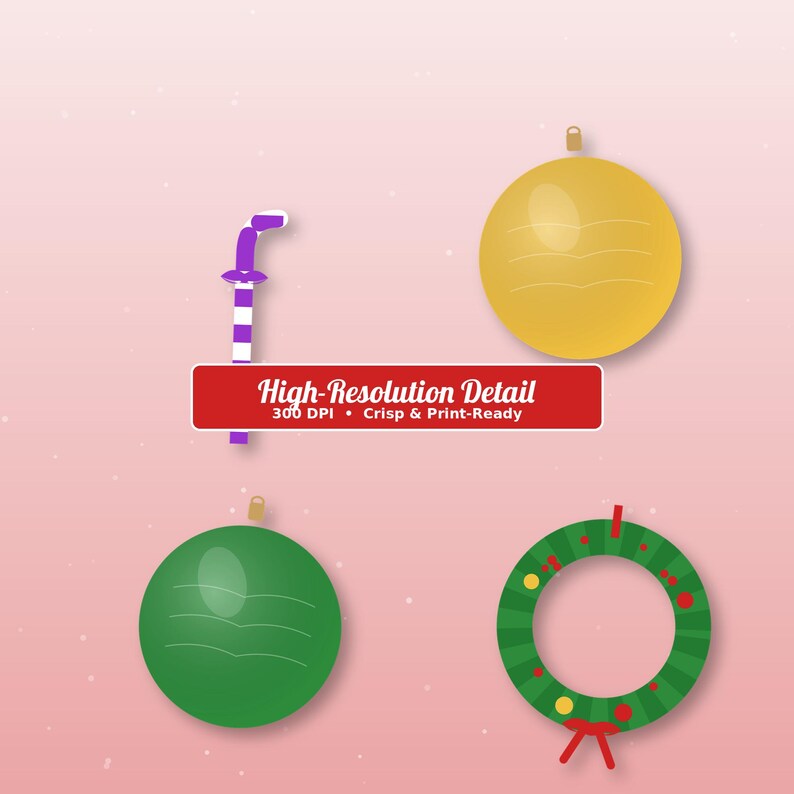 May include: A set of digital illustrations featuring a purple and white striped candy cane, a yellow ornament, a green ornament, and a green wreath with red and yellow accents. A red rectangular banner displays the text High-Resolution Detail 300 DPI.
