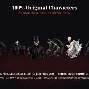 May include: A digital collection of six horror-themed character illustrations featuring a grim reaper, a vampire, a skeleton in a top hat, a gargoyle, a ghost, and a werewolf. Text reads 100% Original Characters and One Simple License.