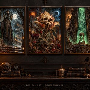 May include: A set of three framed digital art prints featuring dark fantasy imagery. The left print shows a cloaked figure, the center a skull-centered flower, and the right a glowing hourglass portal. The text "DIGITAL ART - ROOM MOCKUP" is visible.