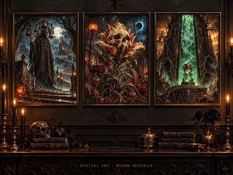 May include: A set of three framed digital art prints featuring dark fantasy imagery. The left print shows a cloaked figure, the center a skull-centered flower, and the right a glowing hourglass portal. The text "DIGITAL ART - ROOM MOCKUP" is visible.
