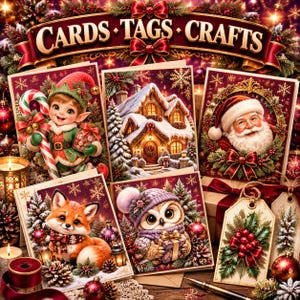 May include: A collection of Christmas-themed greeting cards and gift tags featuring illustrations of an elf, a snow-covered house, Santa Claus, a fox, and an owl. A banner at the top displays the text CARDS TAGS CRAFTS in gold lettering.
