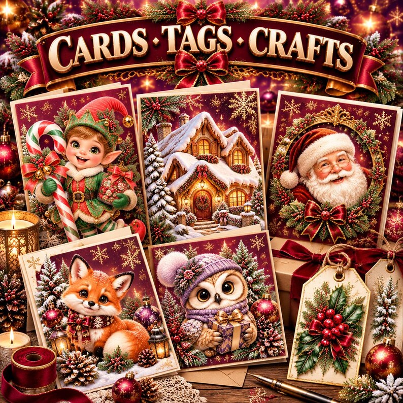 May include: A collection of Christmas-themed greeting cards and gift tags featuring illustrations of an elf, a snow-covered house, Santa Claus, a fox, and an owl. A banner at the top displays the text CARDS TAGS CRAFTS in gold lettering.