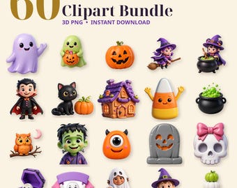May include: A digital collection of 60 3D Halloween clipart images featuring characters like ghosts, a vampire, a black cat, a pumpkin, a witch, a monster, a skull with a pink bow, a tombstone, and a candy corn, labeled 60 3D Halloween Clipart Bundle.