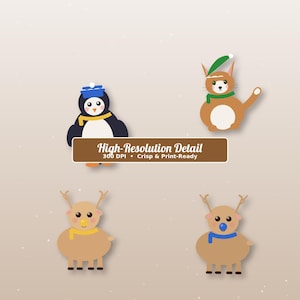 May include: A digital illustration featuring a penguin in a blue hat and yellow scarf, a brown cat in a green hat and scarf, and two reindeer with antlers wearing yellow and blue scarves. A brown banner displays High-Resolution Detail 300 DPI.