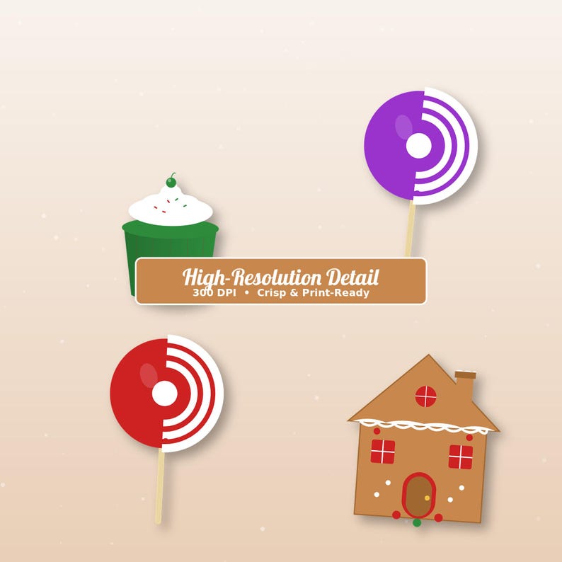 May include: A digital graphic set featuring a green cupcake with white frosting and a cherry, a purple lollipop, a red lollipop, and a brown gingerbread house. A central rectangular label displays the text High-Resolution Detail 300 DPI &bull; Crisp & Print-Ready.