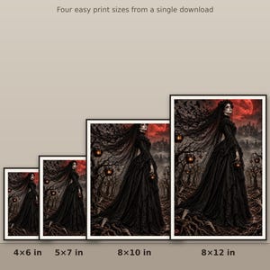 May include: A digital art print file featuring a gothic figure in a black gown standing in a dark forest with glowing lanterns and a red moon. The text reads ONE FILE PRINTS BEST UP TO 8x12 inches, with labels for 4x6, 5x7, 8x10, and 8x12 inches.