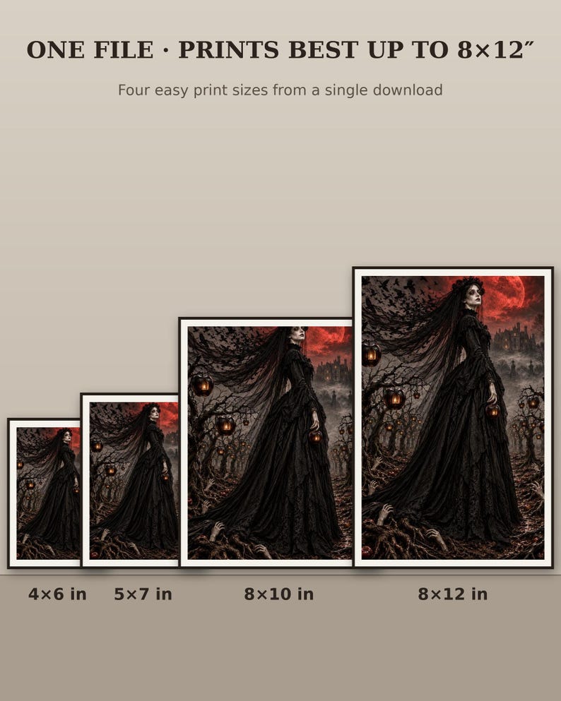 May include: A digital art print file featuring a gothic figure in a black gown standing in a dark forest with glowing lanterns and a red moon. The text reads ONE FILE PRINTS BEST UP TO 8x12 inches, with labels for 4x6, 5x7, 8x10, and 8x12 inches.