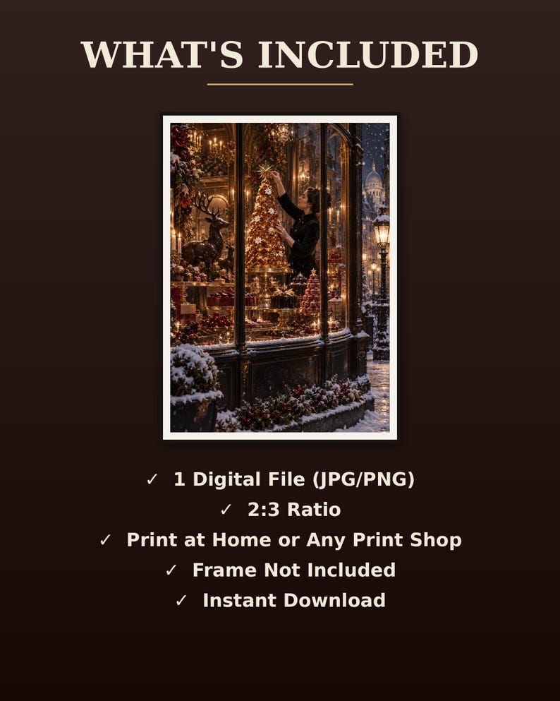 May include: A digital file with a 2:3 ratio featuring a festive shop window display at night. The text reads WHAT'S INCLUDED, 1 Digital File (JPG/PNG), 2:3 Ratio, Print at Home or Any Print Shop, Frame Not Included, and Instant Download.