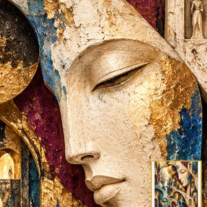 May include: A textured wall art piece featuring a large, cream-colored face in profile with closed eyes. The composition includes deep blue, gold, and magenta accents with architectural arches and a small figure in a niche, showing intricate detail.