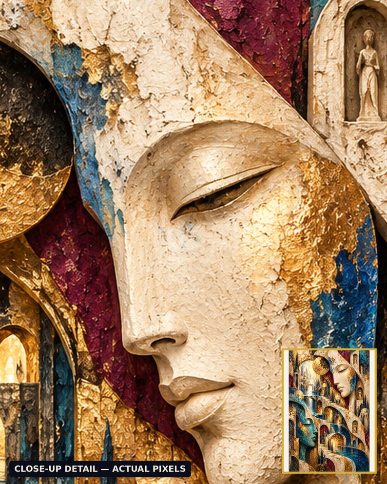 May include: A textured wall art piece featuring a large, cream-colored face in profile with closed eyes. The composition includes deep blue, gold, and magenta accents with architectural arches and a small figure in a niche, showing intricate detail.