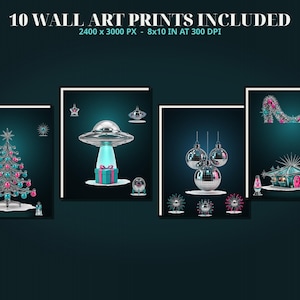 May include: A set of 10 wall art prints featuring retro-futuristic holiday themes, including a silver Christmas tree with pink and blue ornaments, a UFO hovering over a gift, disco ball decorations, and a stylized house with festive garlands.