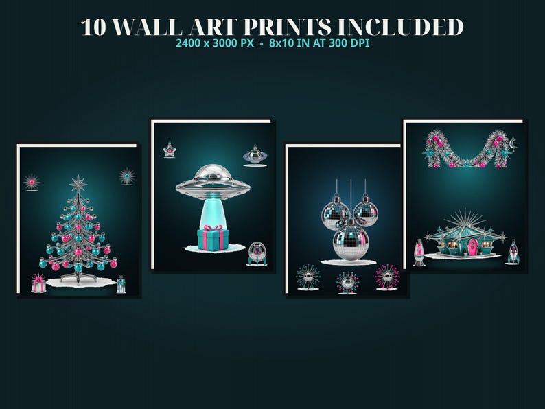 May include: A set of 10 wall art prints featuring retro-futuristic holiday themes, including a silver Christmas tree with pink and blue ornaments, a UFO hovering over a gift, disco ball decorations, and a stylized house with festive garlands.