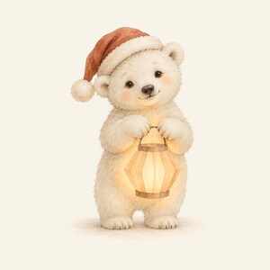 May include: A white polar bear cub illustration wearing a red Santa hat with a white pom-pom. The cub has rosy cheeks and is holding a glowing, warm-toned lantern with both paws. The artwork features soft, textured fur details.
